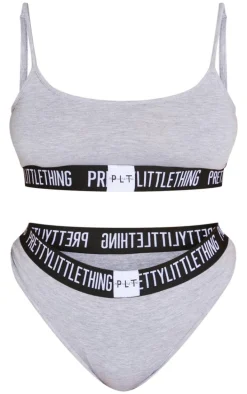 Plus PRETTYLITTLETTHING Grey Jersey Logo Tape Lingerie Set