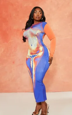 Plus Purple Body Print Long Sleeve Maxi Dress