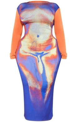 Plus Purple Body Print Long Sleeve Maxi Dress