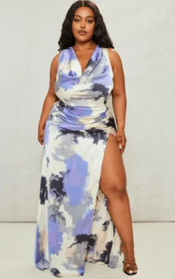 Plus Purple Printed Satin Cowl Neck Maxi Dress