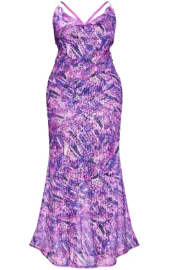 Plus Purple Sequin Floral Cowl Neck Maxi Dress