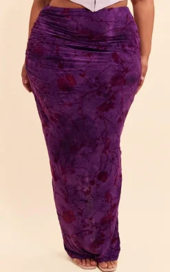 Plus Purple Soft Touch Devore Ruched Side Maxi Skirt