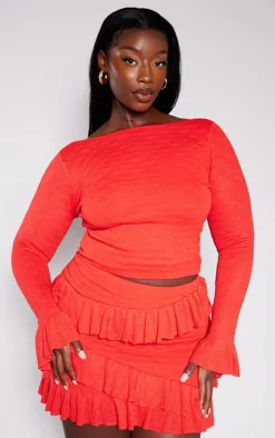 Plus Red Bubble Knit Open Back Long Sleeve Top