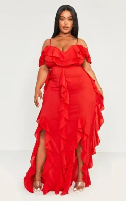 Plus Red Cold Shoulder Ruffle Detail Maxi Dress