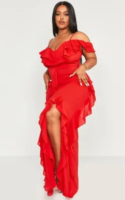Plus Red Cold Shoulder Ruffle Detail Maxi Dress