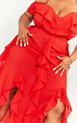 Plus Red Cold Shoulder Ruffle Detail Maxi Dress
