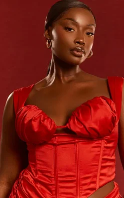 Plus Red Constructed Satin Ruched Bust Corset