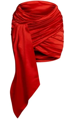 Plus Red Constructed Satin Ruched Drape Bodycon Skirt