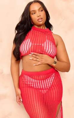 Plus Red Distressed Ladder Detail Knit Top