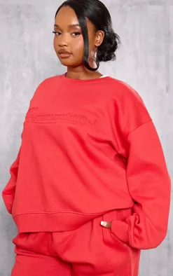 Plus Red Embossed Graphic Oversized Sweatshirt