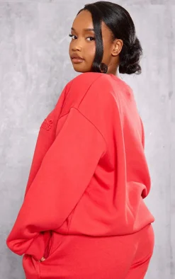 Plus Red Embossed Graphic Oversized Sweatshirt