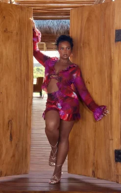 Plus Red Floral Lace Up Ruffle Hem Skirt