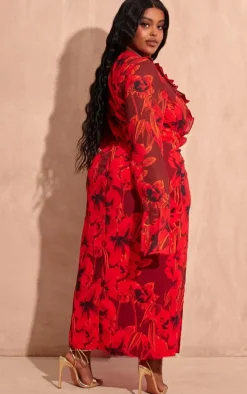 Plus Red Floral Print Chiffon Frill Midi Dress