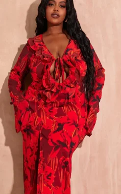 Plus Red Floral Print Chiffon Frill Midi Dress