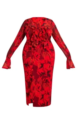 Plus Red Floral Print Chiffon Frill Midi Dress