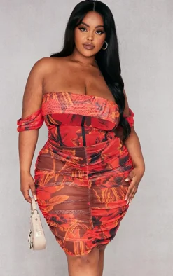 Plus Red Floral Printed Mesh Bardot Bodycon Dress
