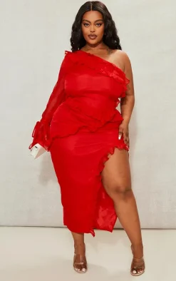 Plus Red Floral Ruffle One Shoulder Midi Dress