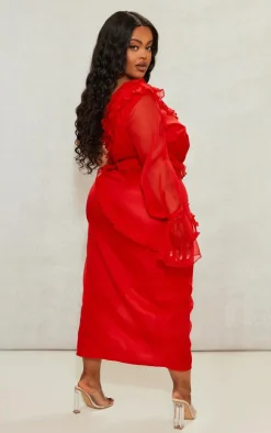 Plus Red Floral Ruffle One Shoulder Midi Dress