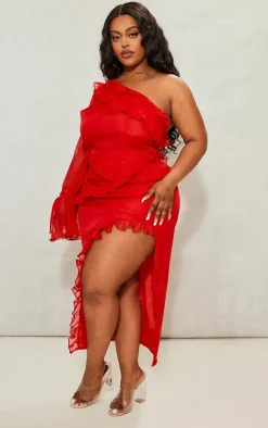 Plus Red Floral Ruffle One Shoulder Midi Dress