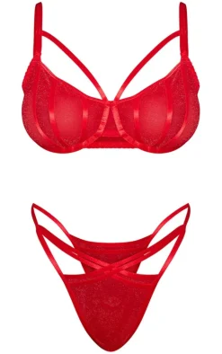 Plus Red Lurex Glitter Mesh Lingerie Set