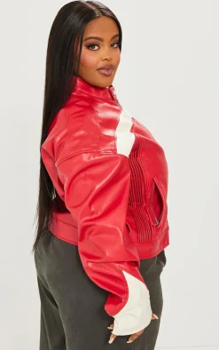 Plus Red PU Racer Neck Pleated Detail Jacket