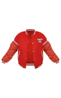 Plus Red Quilted Faux Leather Sleeve Oversized Varsity Bomber Jacket