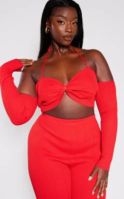 Plus Red Rib Knit Bardot Tie Neck Top