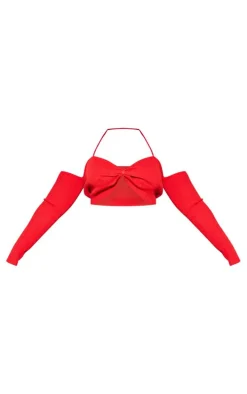 Plus Red Rib Knit Bardot Tie Neck Top