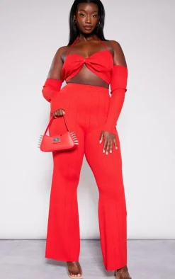 Plus Red Rib Knit Flared Pants