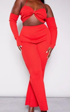 Plus Red Rib Knit Flared Pants