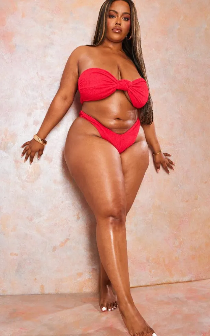 Plus Red Ribbed Bikini Bottoms