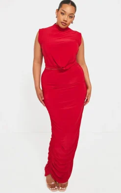 Plus Red Ruched Midaxi Skirt