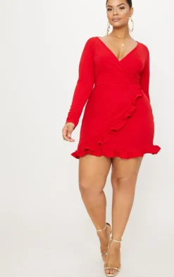 Plus Red Ruffle Detail Wrap Dress