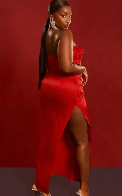 Plus Red Satin Ruched Bust Side Split Maxi Dress