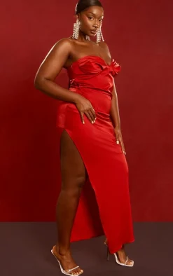 Plus Red Satin Ruched Bust Side Split Maxi Dress