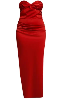 Plus Red Satin Ruched Bust Side Split Maxi Dress