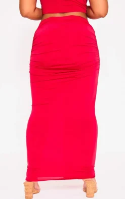 Plus Red Slinky Drape Detail Maxi Skirt