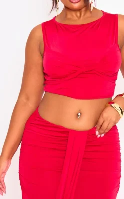 Plus Red Slinky Drape Detail Maxi Skirt