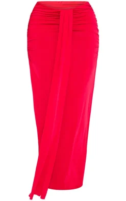 Plus Red Slinky Drape Detail Maxi Skirt