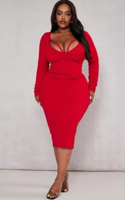 Plus Red Strap Detail Long Sleeve Midi Dress