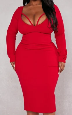 Plus Red Strap Detail Long Sleeve Midi Dress
