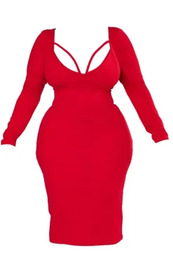 Plus Red Strap Detail Long Sleeve Midi Dress
