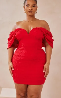 Plus Red Textured V Bar Bodycon Dress