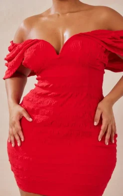 Plus Red Textured V Bar Bodycon Dress