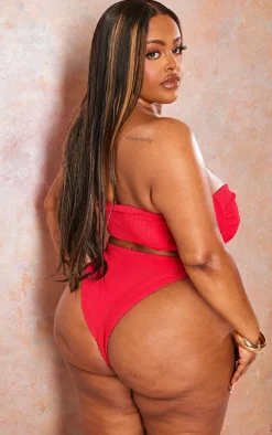 Plus Red Tie Front Ribbed Bandeau Bikini Top