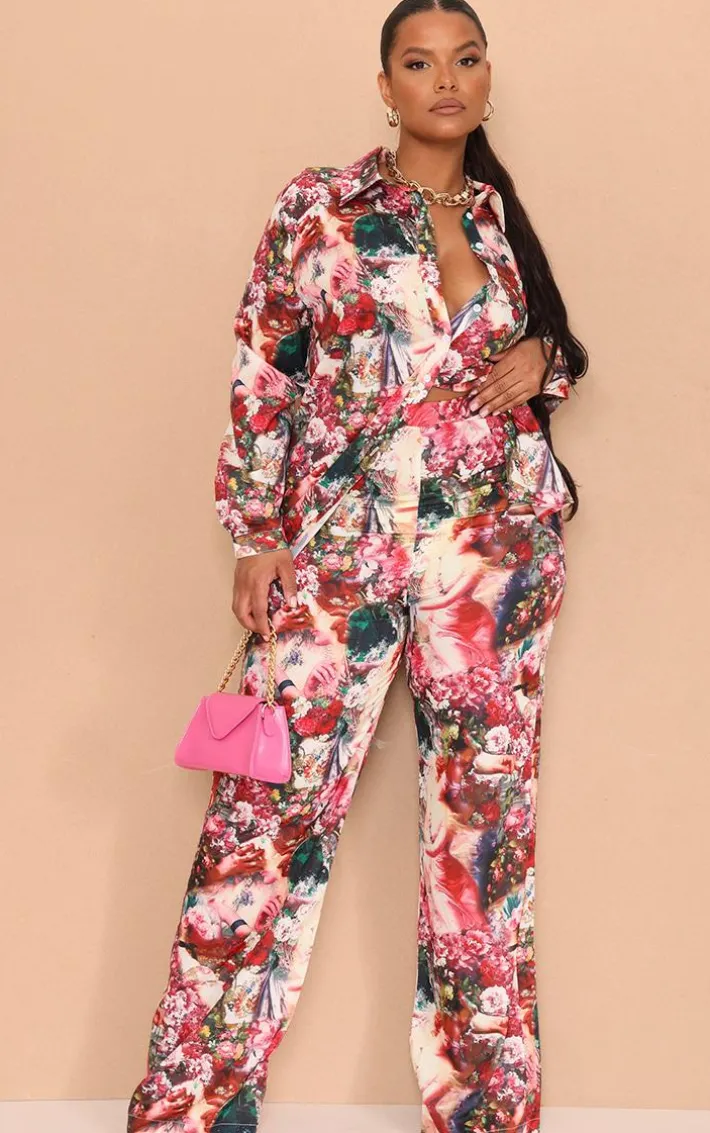 Plus Rose Femme Renaissance Print Wide Leg Pants