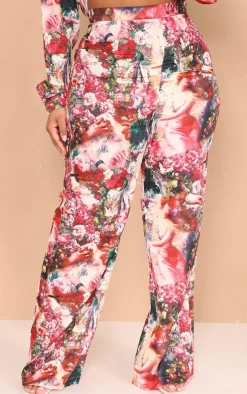 Plus Rose Femme Renaissance Print Wide Leg Pants