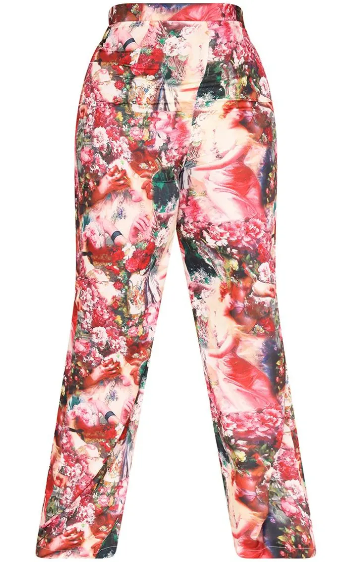 Plus Rose Femme Renaissance Print Wide Leg Pants