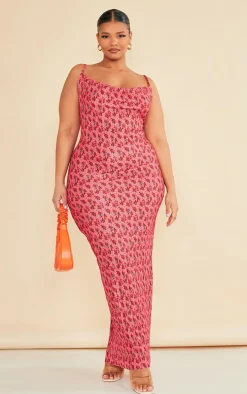 Plus Rose Floral Printed Plisse Cowl Neck Maxi Dress