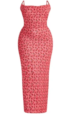 Plus Rose Floral Printed Plisse Cowl Neck Maxi Dress